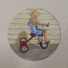 Original Oil Painting Child Riding Tricycle 8in Round Canvas Panel Figurative — photo 1