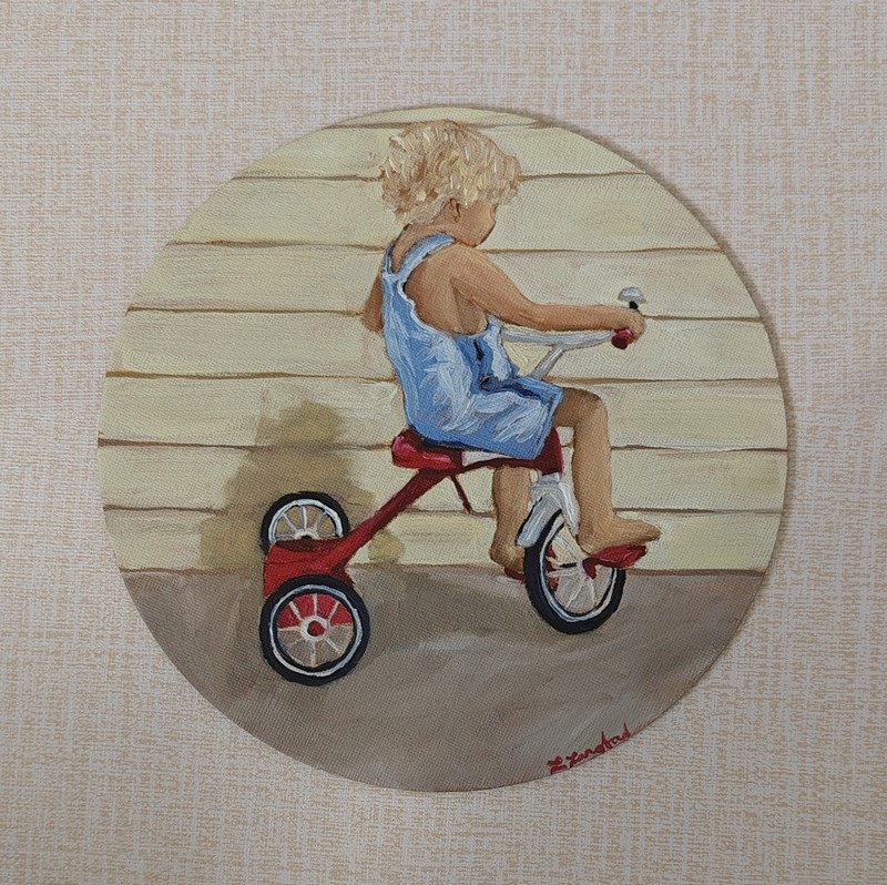 Original Oil Painting Child Riding Tricycle 8in Round Canvas Panel Figurative