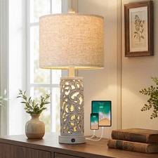 22'' Farmhouse Table Lamp for Living Room, Bedside Lamp with 2 USB Ports for Bed