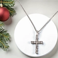 Religious Christian 925 Sterling CZ Paved Cross Pendant w/ 16" Chain Necklace