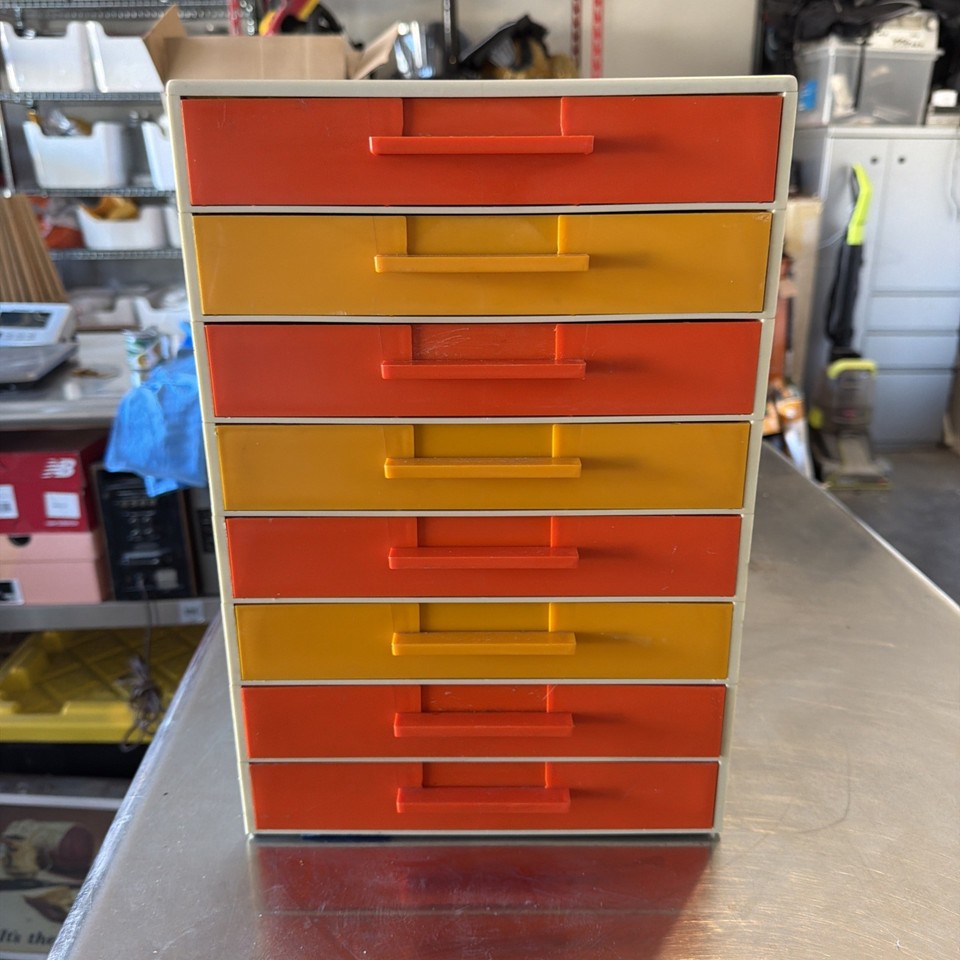 8-drawer Space Age modular stacking plastic organizers from the 70s — the kind of retro-futurist desk gear that interior designers fight over.