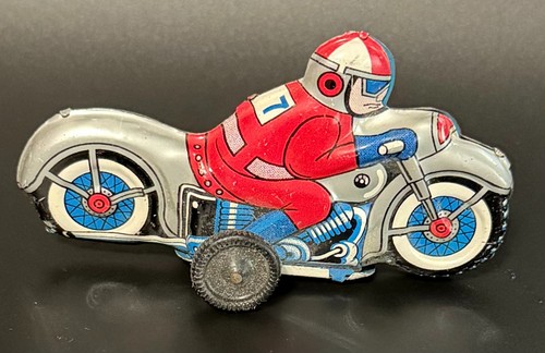 Vintage Tin Friction Motorcycle Toy Japan Litho Racer #17 1950s