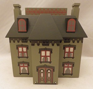 Winfield-Designs-large-green-Victorian-House-wooden-coin-bank-signed-1988