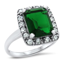CLASSIC ART DECO STYLE 925 STERLING SILVER SIMULATED EMERALD COCKTAIL RING 1329