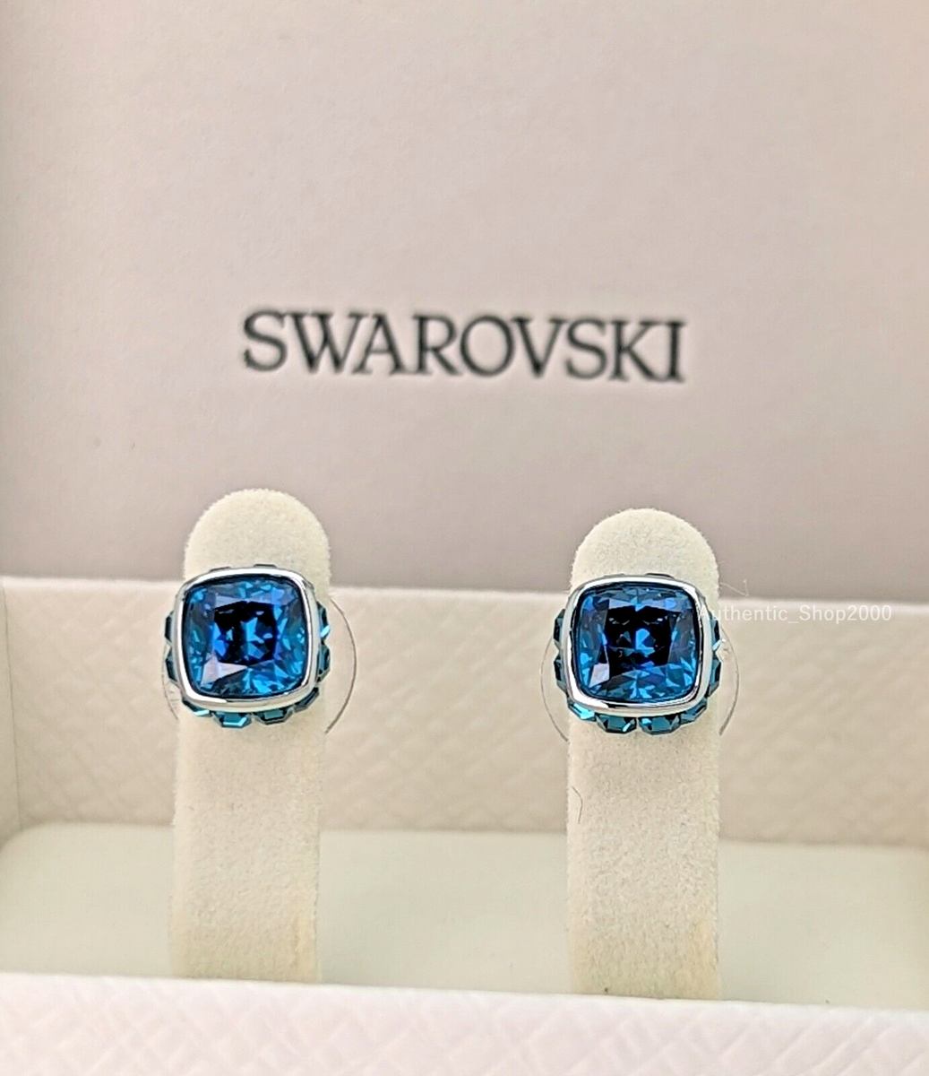 NEW SWAROVSKI Brand Rhodium Blue Square Crystal Birthstone