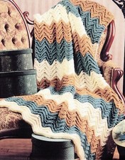 Afghan, blanket, shawl crochet pattern in Aran. Size 45"x 62". Striped, Ripple.