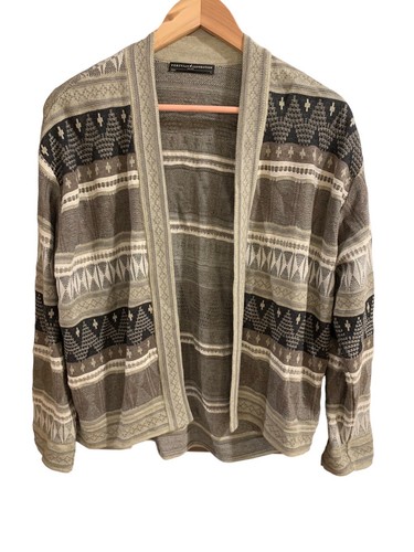 Peruvian Connection Gray Brown Aztec Print Open Front Cardigan Womens Size Large - Picture 2 of 12