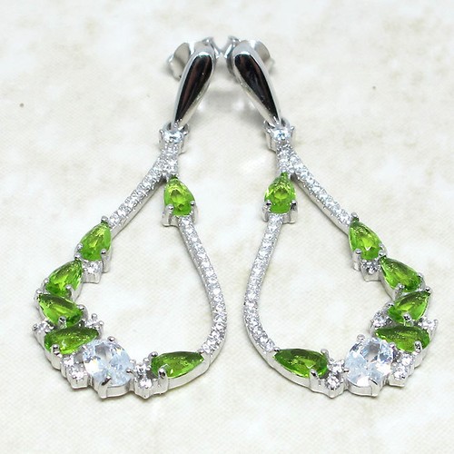 WONDERFUL PERIDOT GREEN & WHITE 925 STERLING SILVER STUD EARRINGS - 第 2/3 張圖片