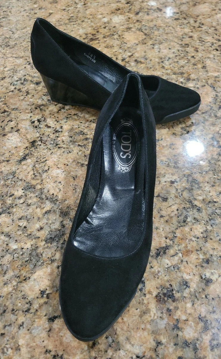 TOD S Italy Black Suede Wedge Heels Women s Slip On Ballet Shoes 38.5 8.5 585