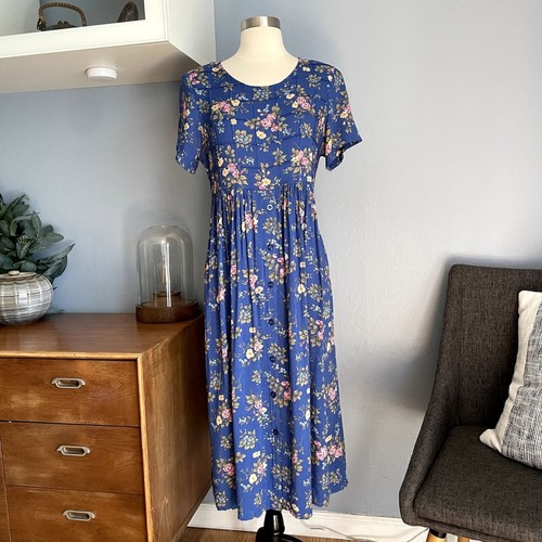 Vtg 90's Erika & Co. Floral Midi Dress Rayon Prairie Cottagecore SP