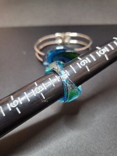Dichroic Art Glass Hinged Cuff Bracelet & Ring Silver Purple Blue Green Swirl - Picture 7 of 15