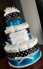 3 Tier Diaper Cake - Little Man Mustache Theme Black White and Blue Baby Shower