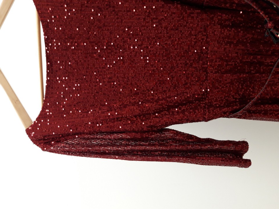 UNIQUE VINTAGE Ladies UK Size 14 Red Sequin Belted Evening Party Dress