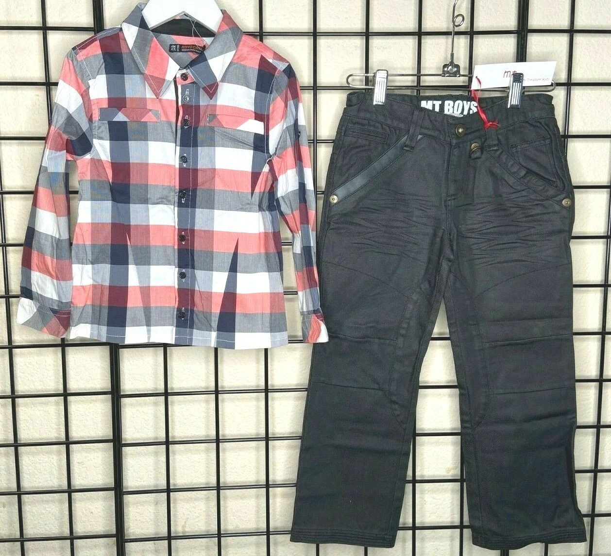 NEW NWT 2PC Black/Red/Wt Plaid Shirt/Black Denim Jeans Mini Treasure Kid 5/6Y
