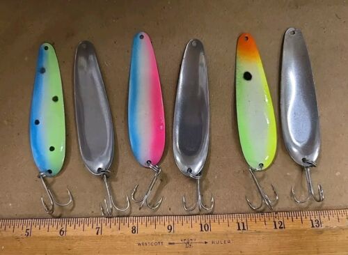 6 UNBRANDED BRIGHT COLORS 4" UV SPOONS SALMON WALLEYE TROLLING FISHING LURES - Picture 3 of 4