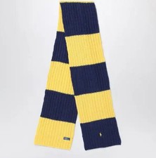 Polo Ralph Lauren blue and yellow striped 100 wool knit scarf 197cmx28cm NWT