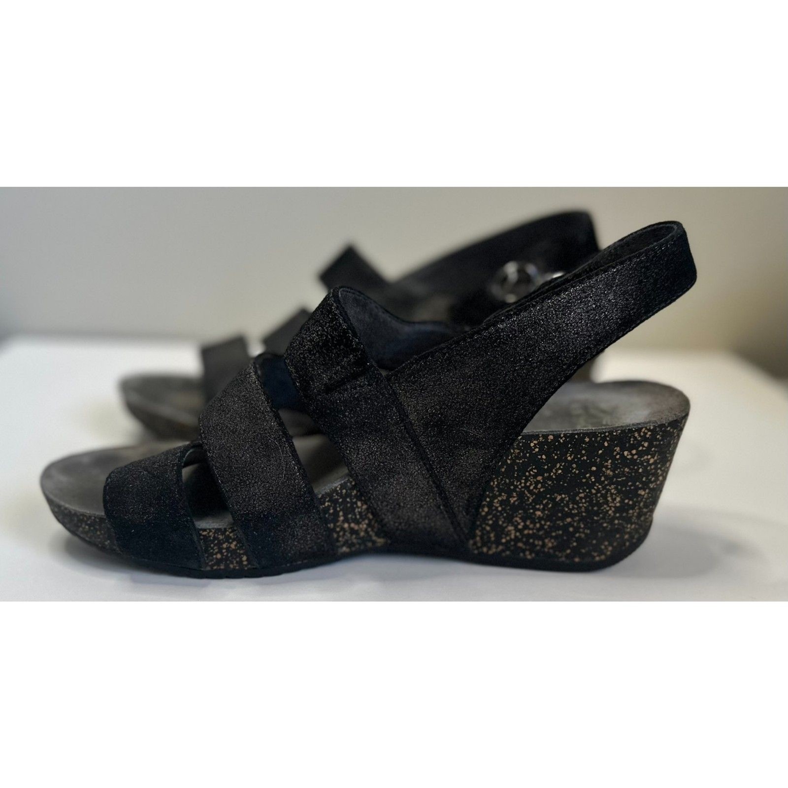 SAOLA DANKSO donna Stacey nero metallizzato zeppa suola in corda chiusura con gancio e passante taglia 38