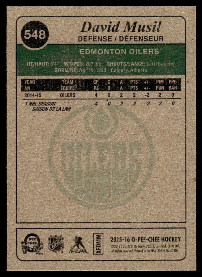 2015-16 O-Pee-Chee Retro MARQUEE ROOKIE David Musil Rookie Edmonton Oilers #548 - Image 2 of 2