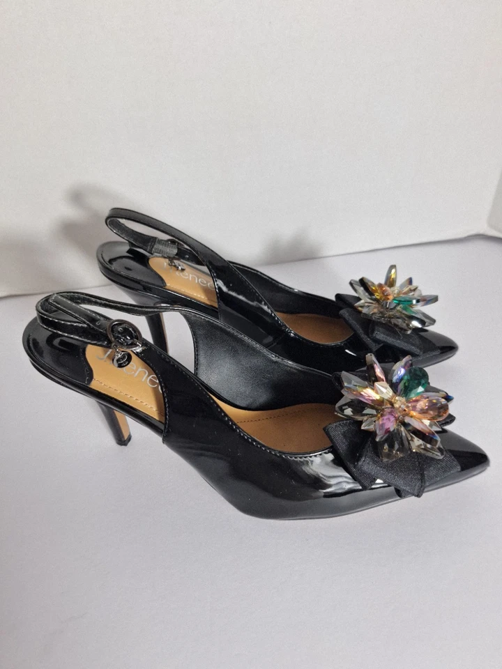 J. Renee Patent Leather Slingback Pumps Women's Sz 8 Black Bow Beaded Old Money - Image 2 of 4
