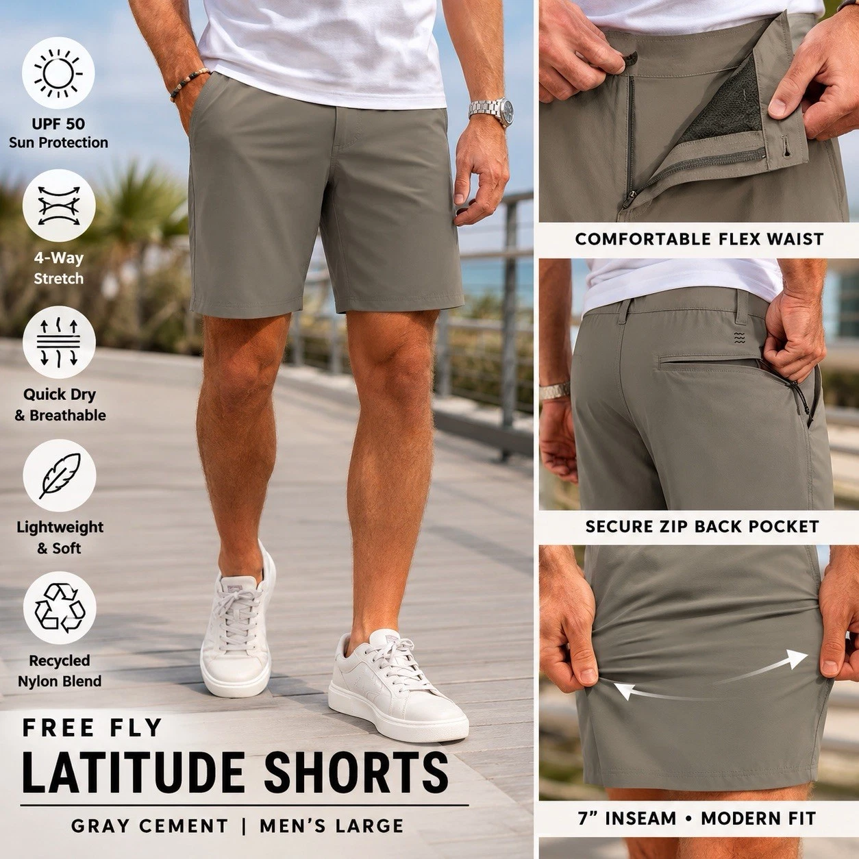 Free Fly Mens Large Latitude Shorts Gray Cement 7 Inch Inseam Nylon UPF50