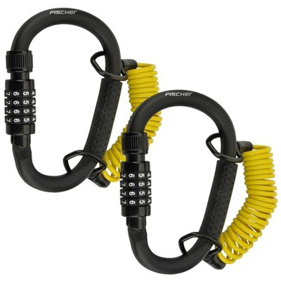 Fischer 2x Karabiner-Schloss mit 150cm Spiralkabel Fahrrad-Schloss Helm-Schloss