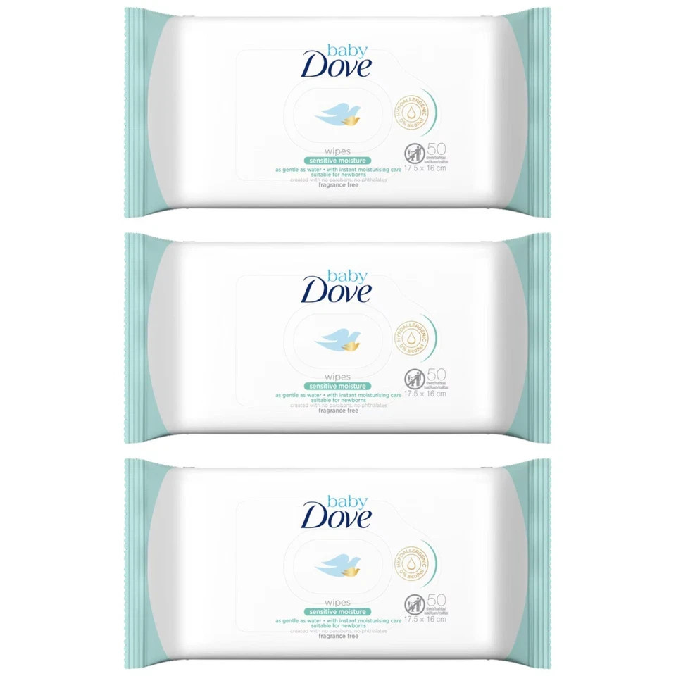 Dove Sensitive Baby Wipes - Fragrance Free (0% Alcohol), 50 Sheets (Pack of 3)