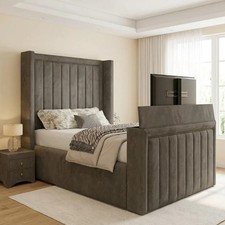 Panel Winged TV Bed frame  in Plush Velvet Fabric Double & King Size 4ft,5ft,6ft