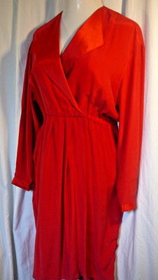 Diane Gilman VTG Washable Red Silk Dress Faux Wrap V Collar Medium 10 Party Work