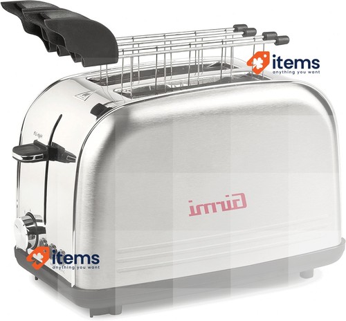 Girmi TP57 Broodrooster, 800 W, roestvrijstalen behuizing en tang, grote sleuven, timer, 8 kookstanden, automatische uitschakeling, kruimelopvangbak, rood