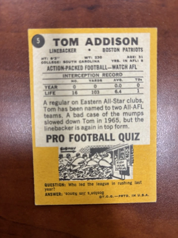 1967 Topps - Tom Addison #5 - Image 2 of 2