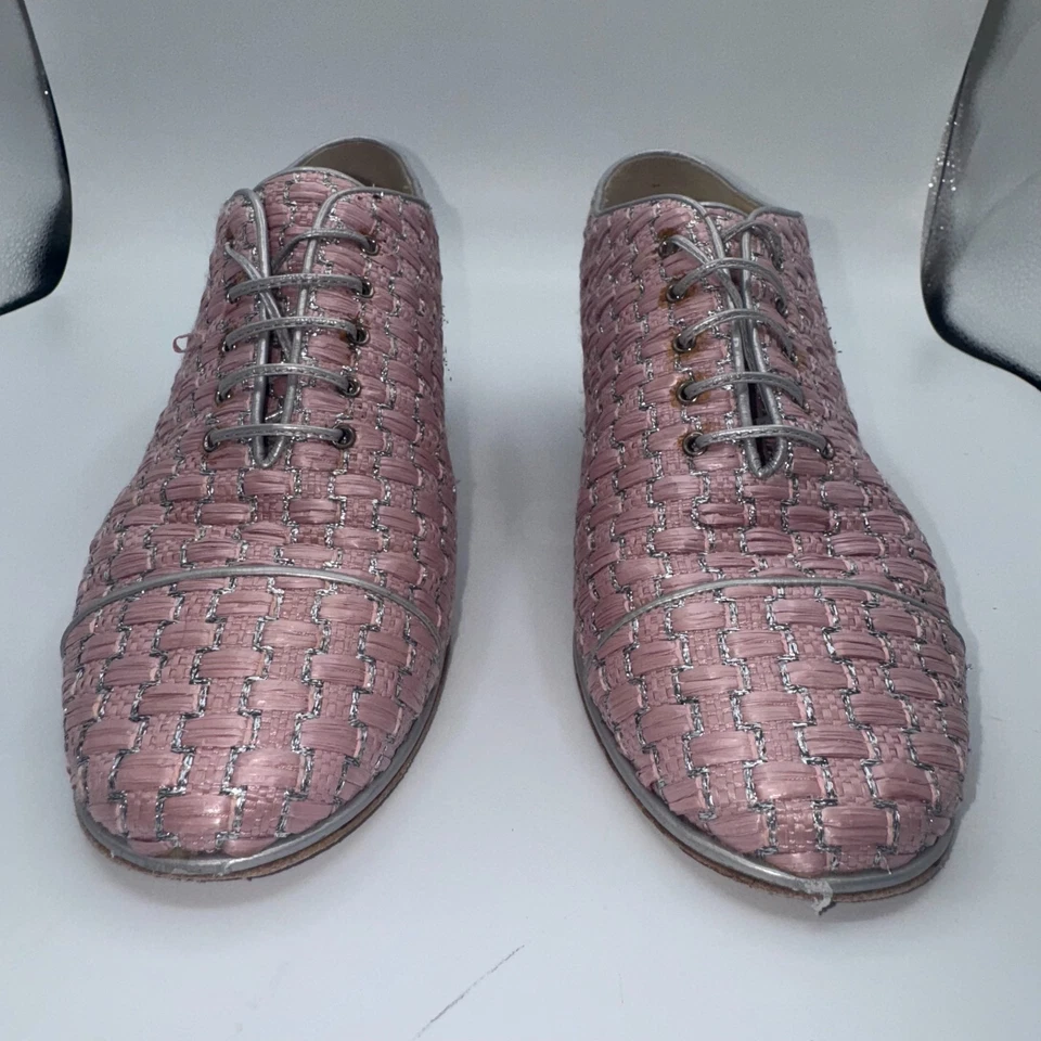 Chanel женщин Оксфорд 8.5D сплетенный розовый серебряный кубинский каблук шнурует вверх комфорт туфли - Изображение 3 из 4