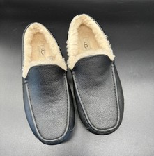 UGG Mens Sz 11 Dark Spice Brown Leather Shearling Lined Ascot Slipper Moccasin