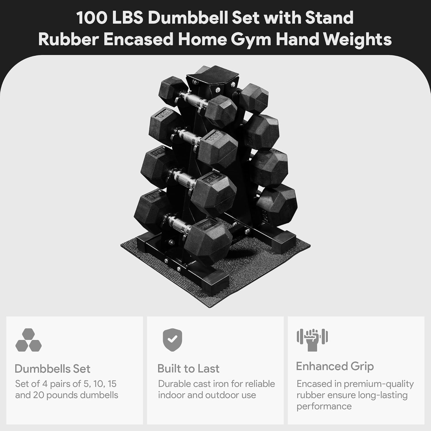 Rubber Coated Hex Dumbbell Weight Set with Storage Rack, 100LB, Fitness Gym
