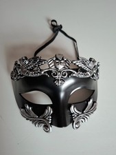 Mens Venetian Masquerade  Mask Black Silver Adjustable