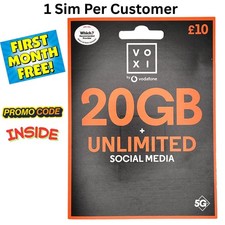 1 x VOXI 1st Month Free Pay As You Go SIM 20GB Data Unlimited Social UK