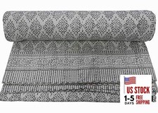Grey Hand Block Print Kantha Quilt Cotton Bed Cover King Size Bedspread Home