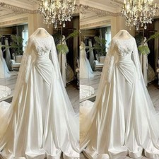 Satin Wedding Dresses Long Sleeves White A Line Ivory Elegant Bridal Gowns