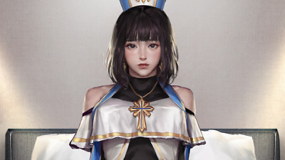 Anime brunette priest cross portrait 2d artwork drawing Playmat Gaming Mat Desk