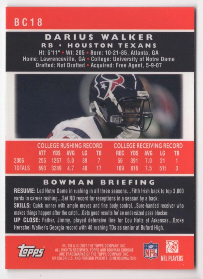 2007 BOWMAN CHROME ROOKIE Darius Walker Rookie Houston Texans #BC18 - Image 2 of 2