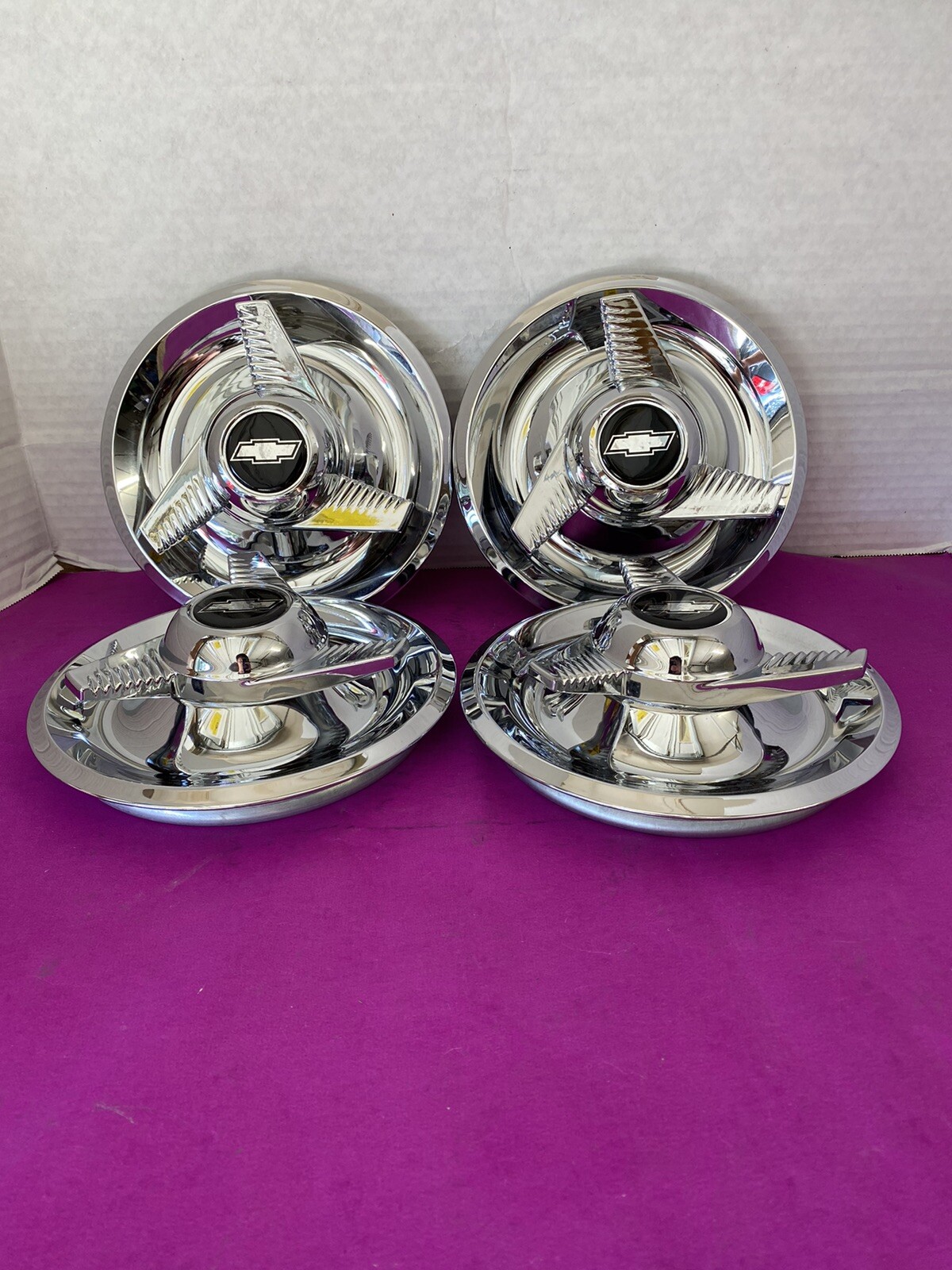 (4) 3 BAR FLUTED SPINNERS CENTER CAPS FOR CHEVY RALLY WHEELS 7", S&B