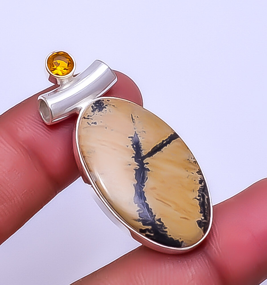 Honey Dendritic Opal - Mexico & Citrine 925 Sterling Silver Pendant 1.76