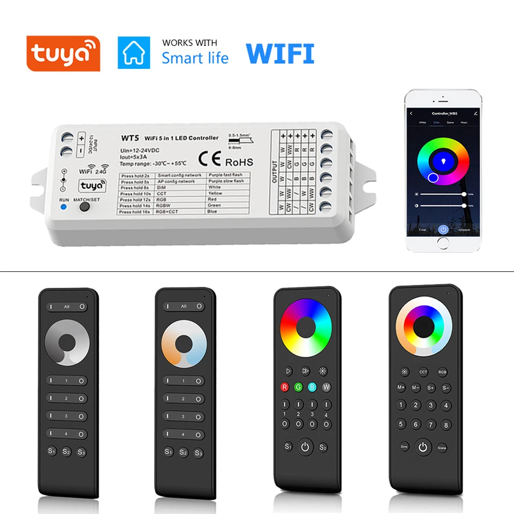 Smart Life WiFi 5in1 Led Controller 12V 24V 5050 Single RGBW RGBCCT Strip Remote