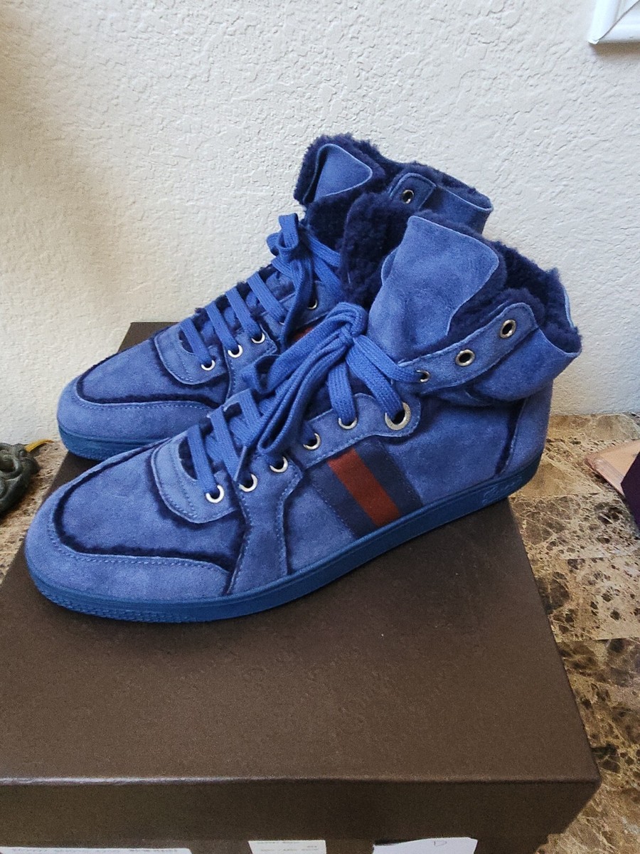 Gucci Aspen shearling blue suede high tops Model 269997 Mens Size