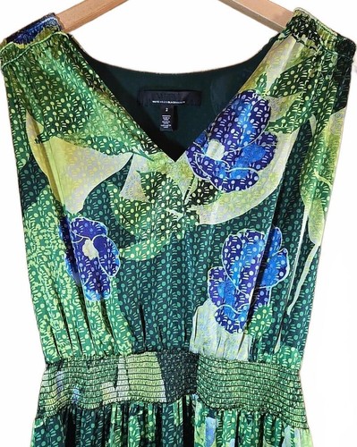 White House Black Market Dress Hi Lo Maxi Green Blue Satin Smocked Waist Floral