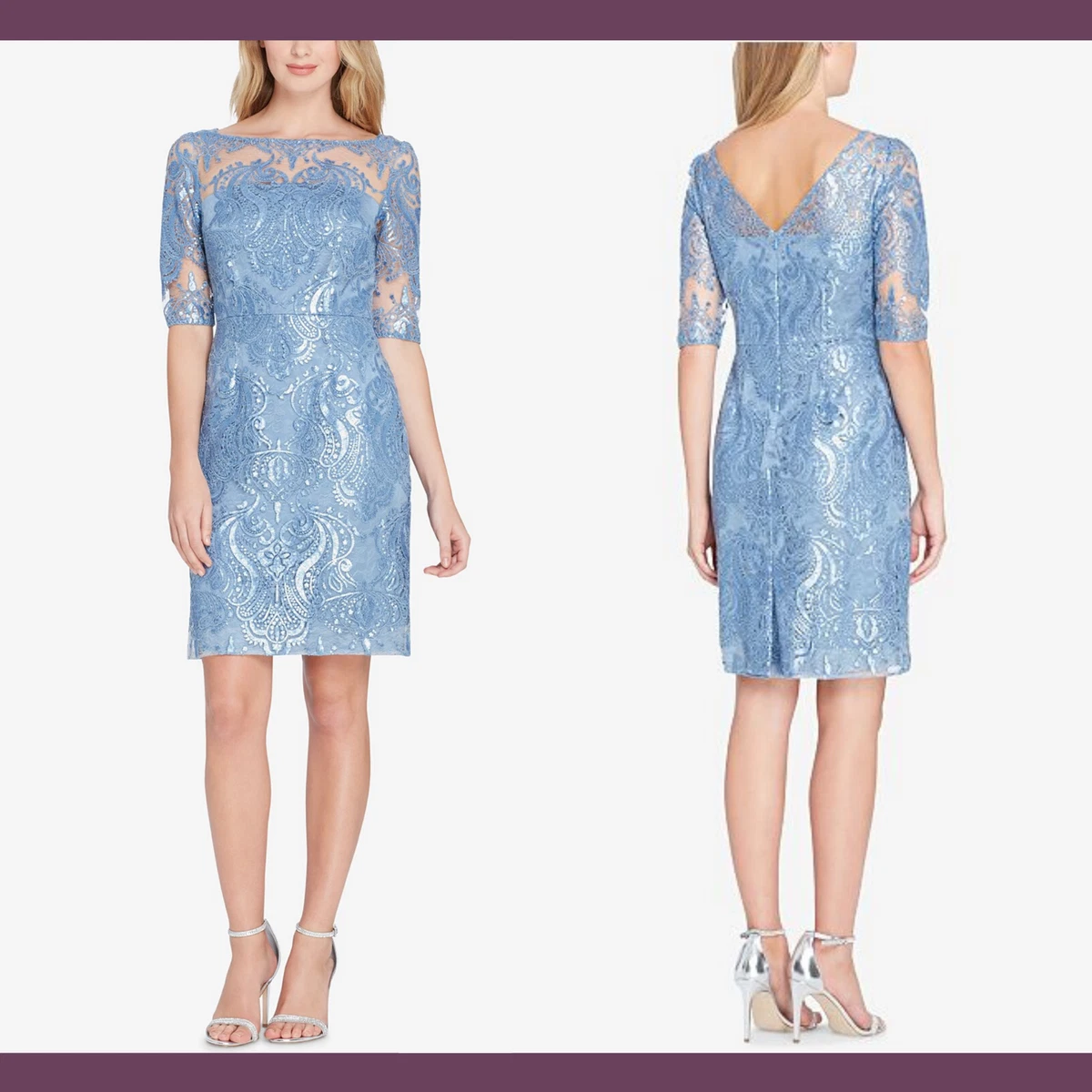 NEW Tahari ASL Embroidered Sheath Dress in Periwinkle Blue PETITE