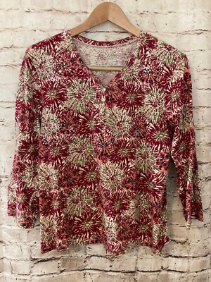 Jane Ashley Top Women XL Maroon Red Firework Print Sequin Popover Cotton Stretch