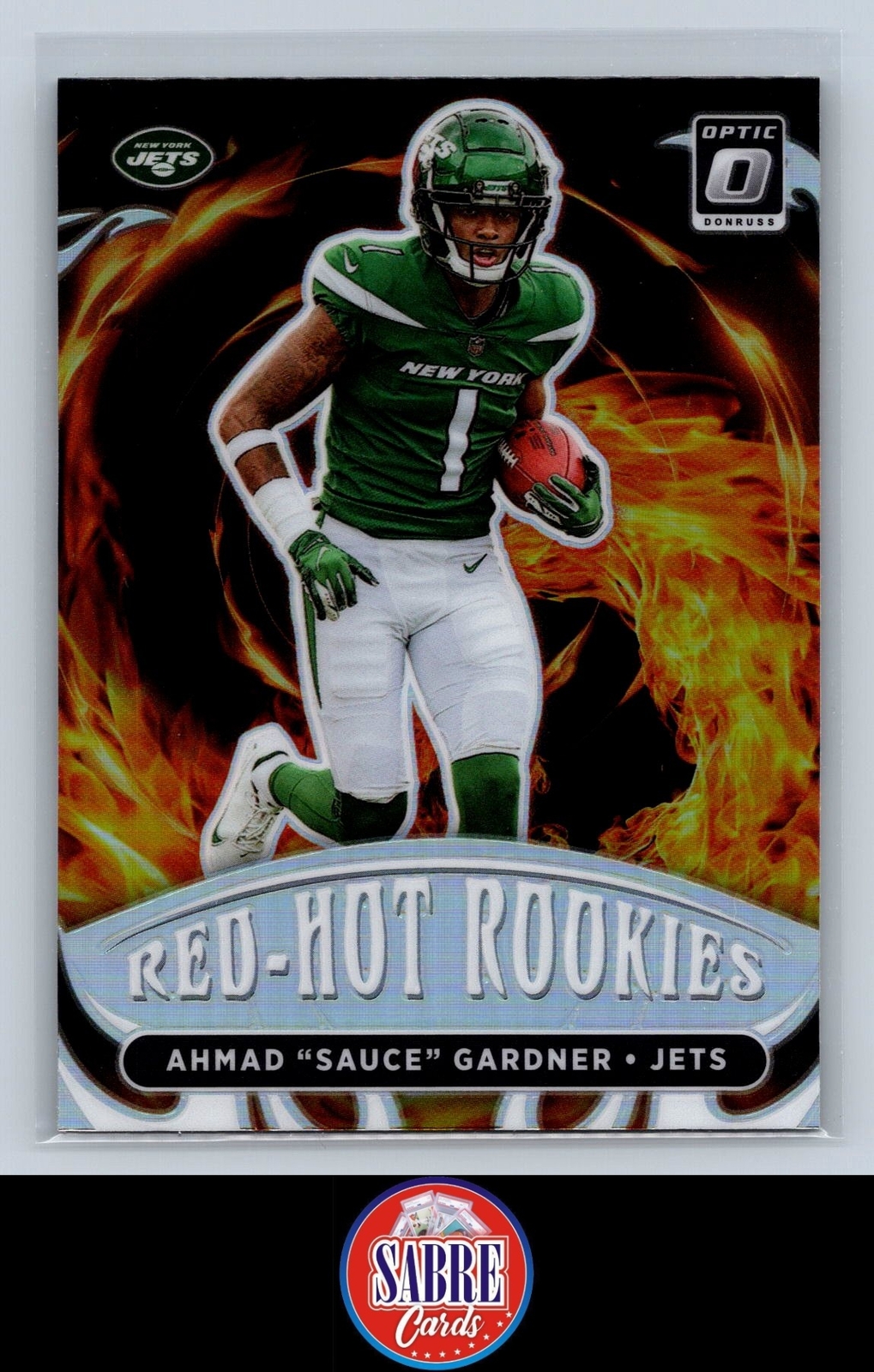 2022 Donruss Optic Ahmad "Sauce" Gardner Red Hot Rookies RC Silver Holo Jets