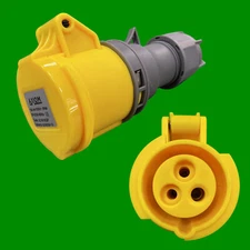 1x 16A 110V 2P+E Yellow Coupler 3 Pin Female Socket Quick Fit, Splash Proof IP44