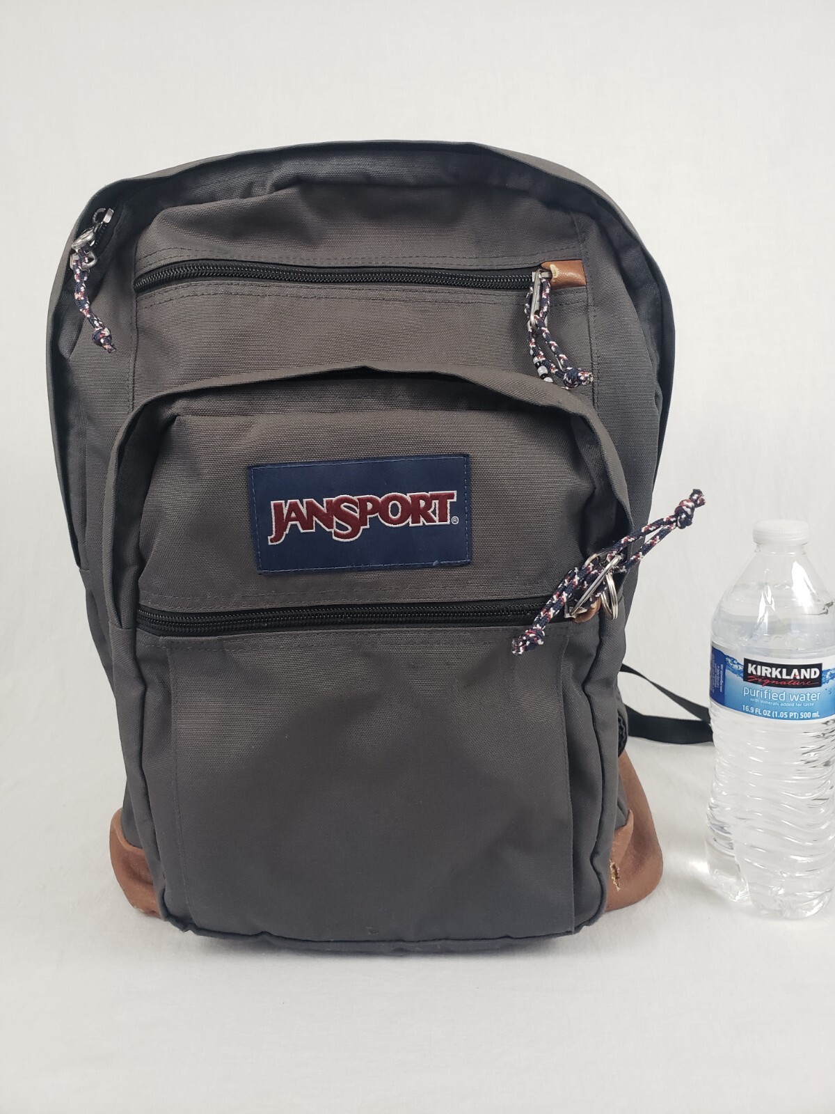 Jansport Leather Bottom Backpack Book Bag Gray Large Zip