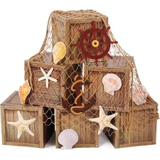 18 Pcs Pirate Party Decorations Imitation Wooden Box Pirate Fishing Net Hallo...